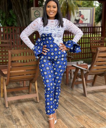KDA ANKARA TROUSER WITH WHITE LACE AND FLARE SLEEVE BLOUSE
