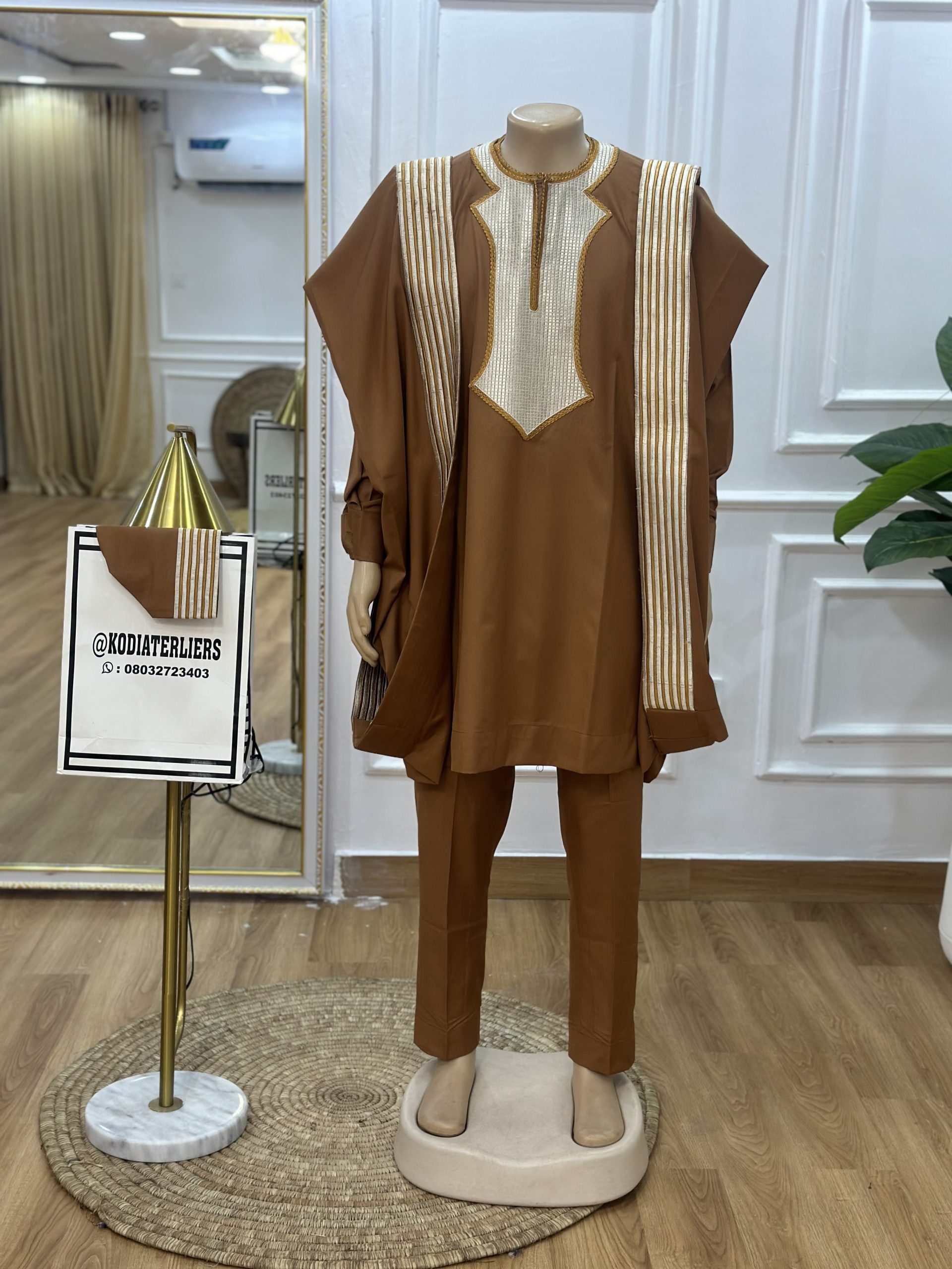 Brown 3 piece agbada set with embroided plain pattern design 350K @ 2.5kg
